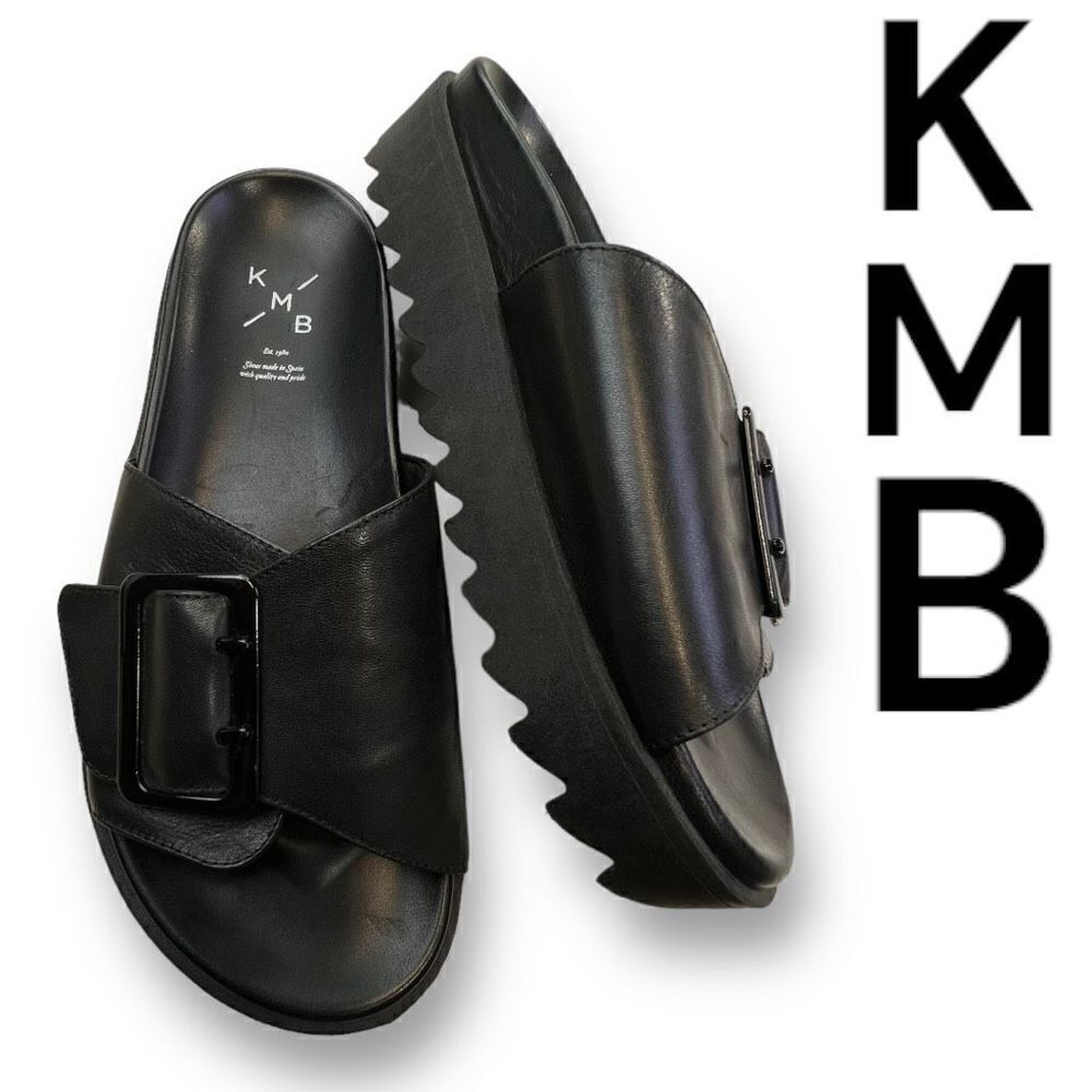 KMB Women's Leather Casual Comfort Slip On Chunky Slides Sandal Black Size 8